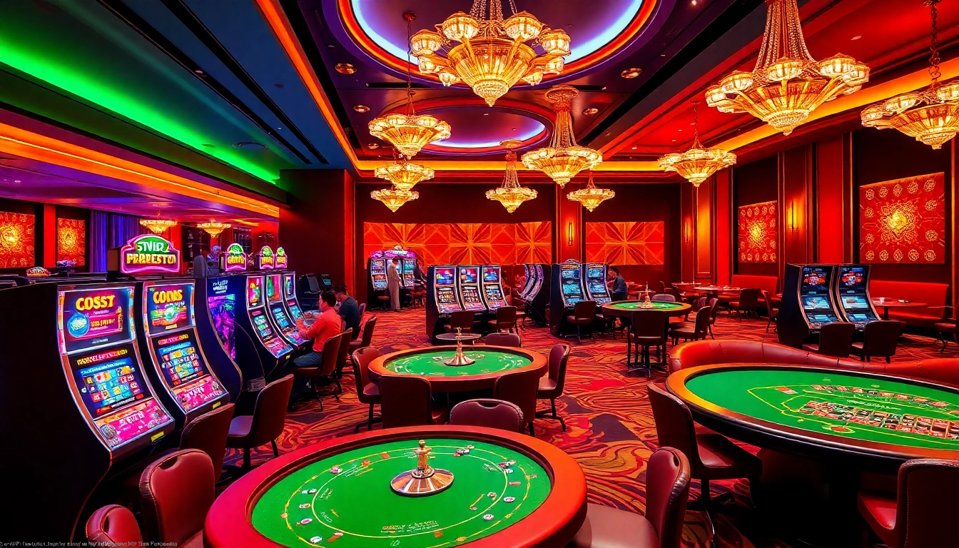 Exciting gambling scene at 678VIP with casino tables, players, and vibrant slot machines.