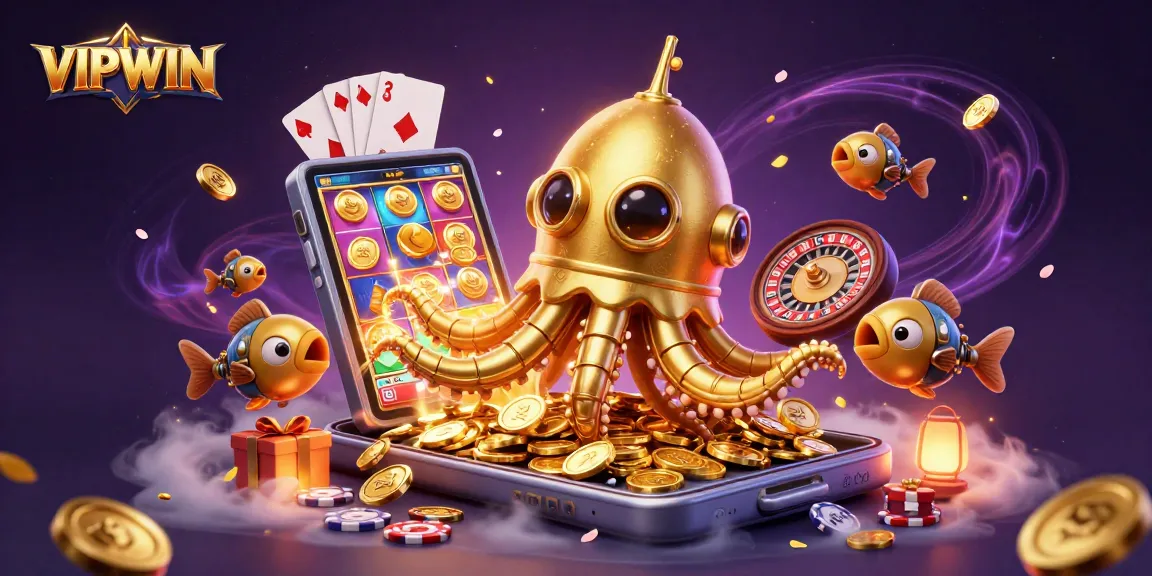 VIPWIN showcases a vibrant casino scene with a golden kraken submarine emerging from gold coins.