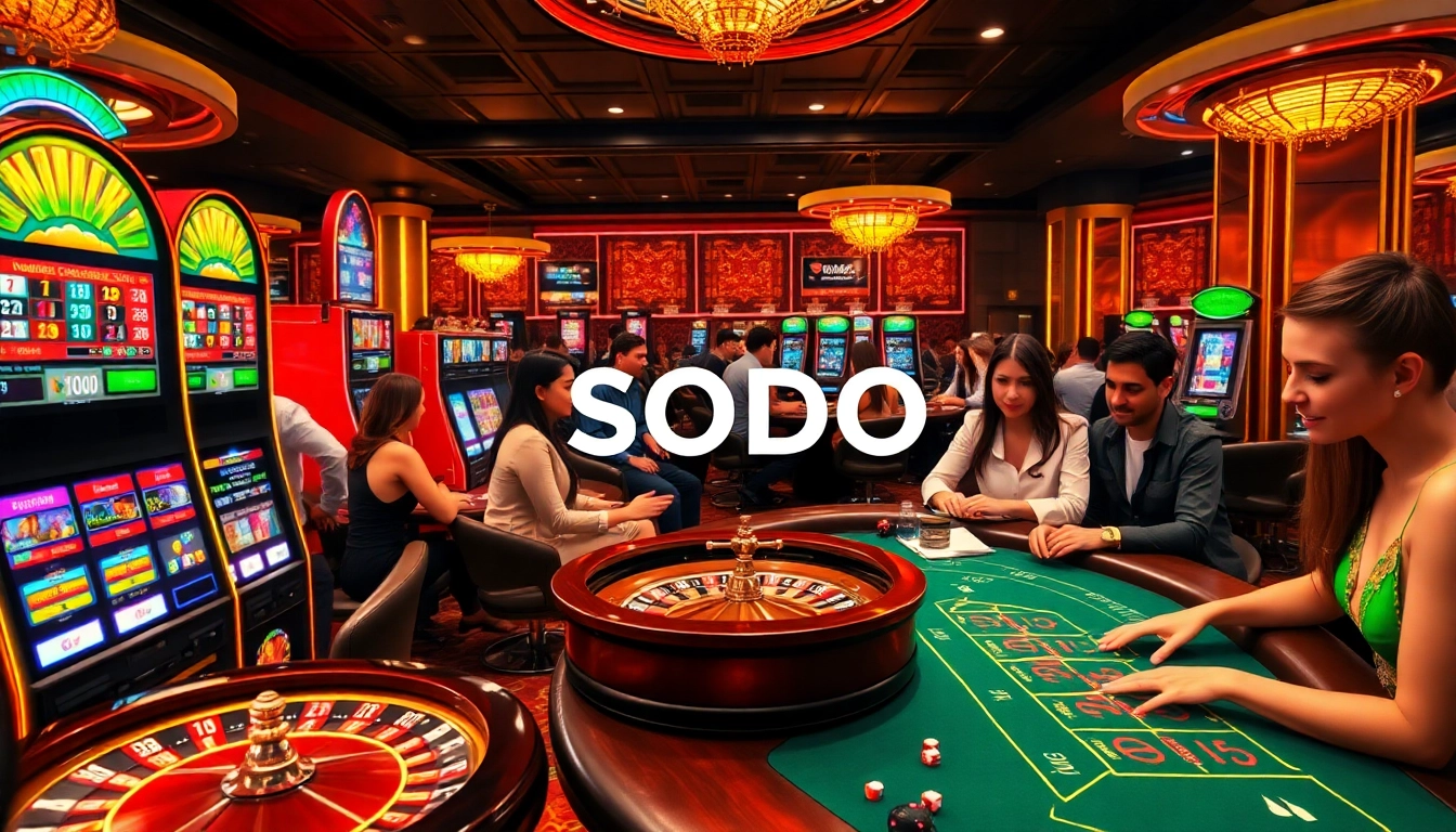 SODO Casino setting with vibrant slot machines, poker tables, and excited players in a luxurious atmosphere.