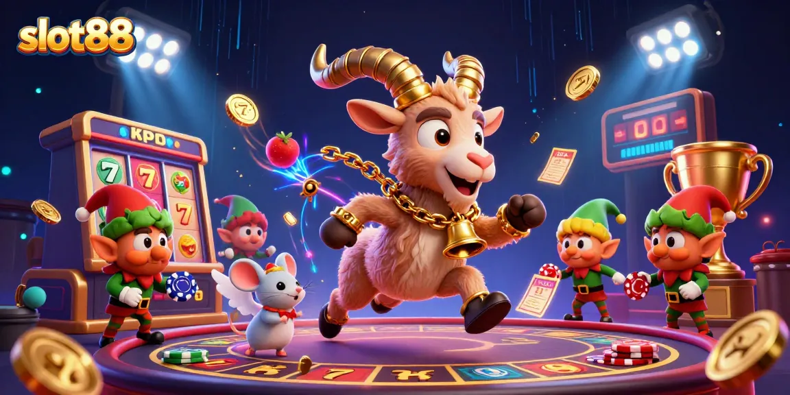Experience excitement like slot88 with cartoon characters amidst dynamic casino elements.