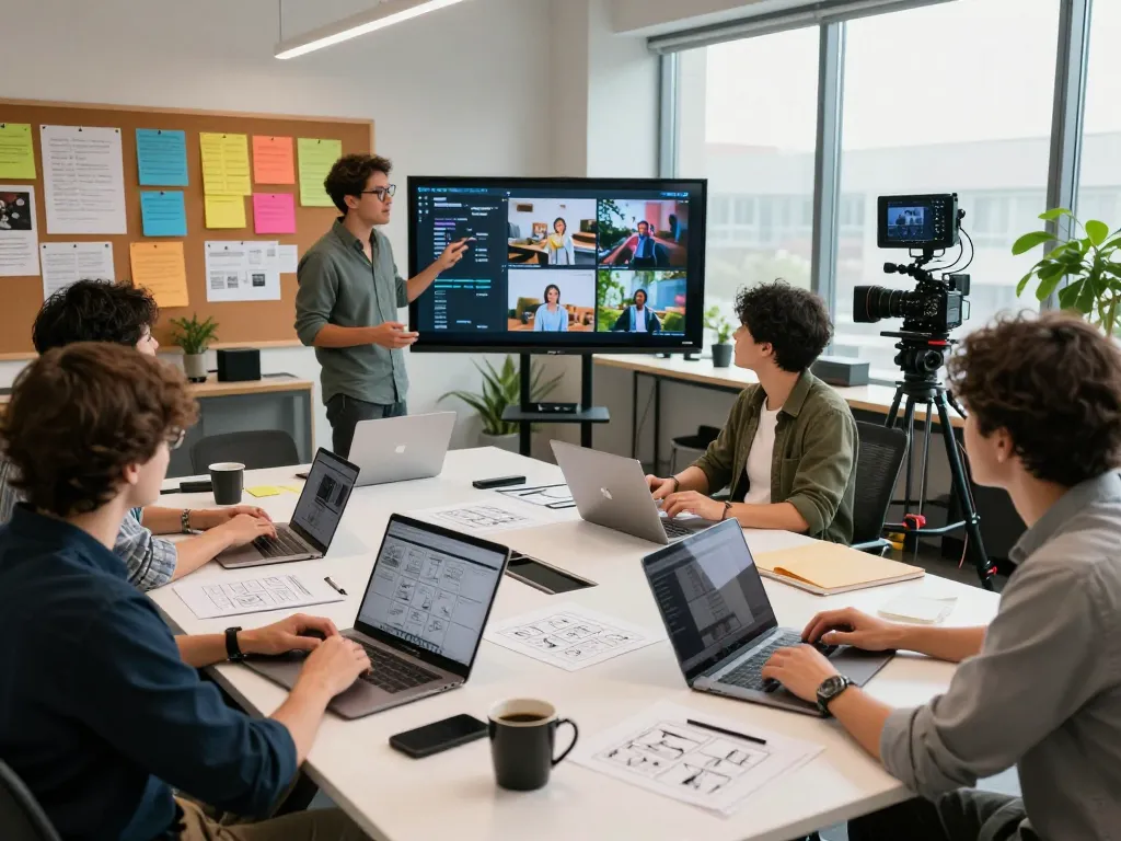Creative team using seedance ai in a modern video production studio for innovative storytelling.