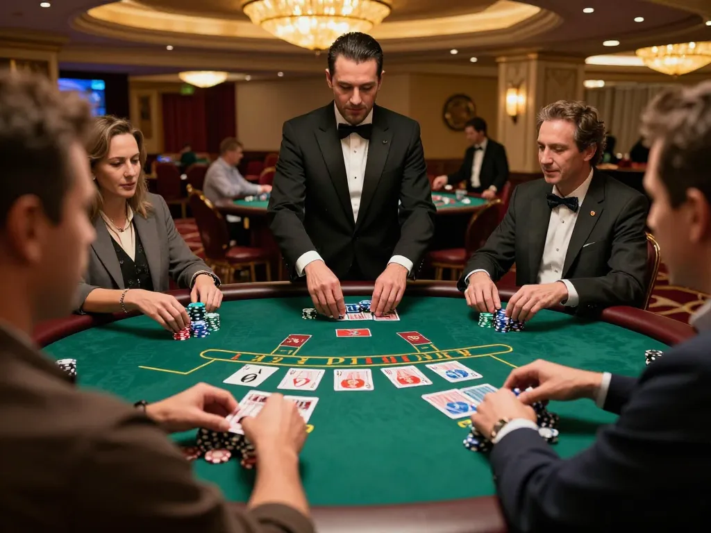 Players strategizing their next moves at BJ88 blackjack table, engaging action with chips and cards