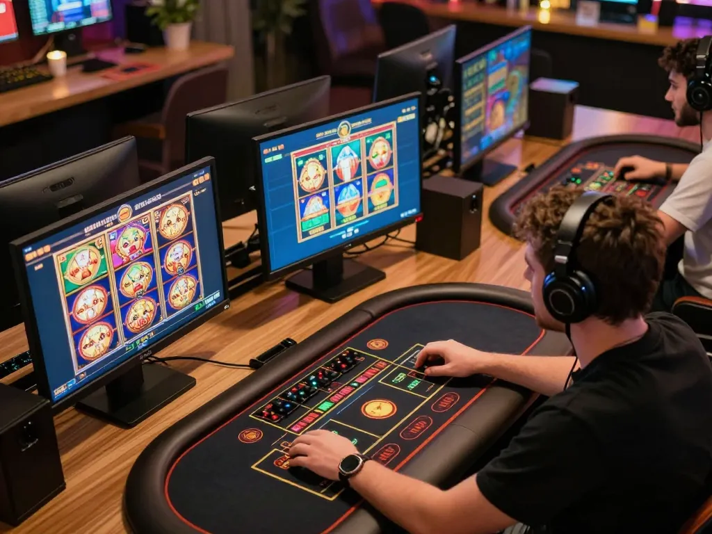 Pemain menjelajahi situs slot gacor dengan permainan menarik di berbagai layar dalam pengaturan rumah yang nyaman.