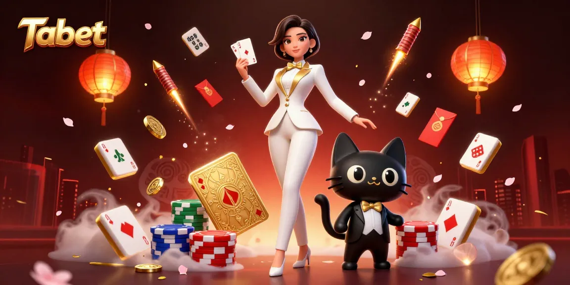 Experience thrilling Tabet gameplay with a glamorous woman and a playful cat in a dazzling casino atmosphere.