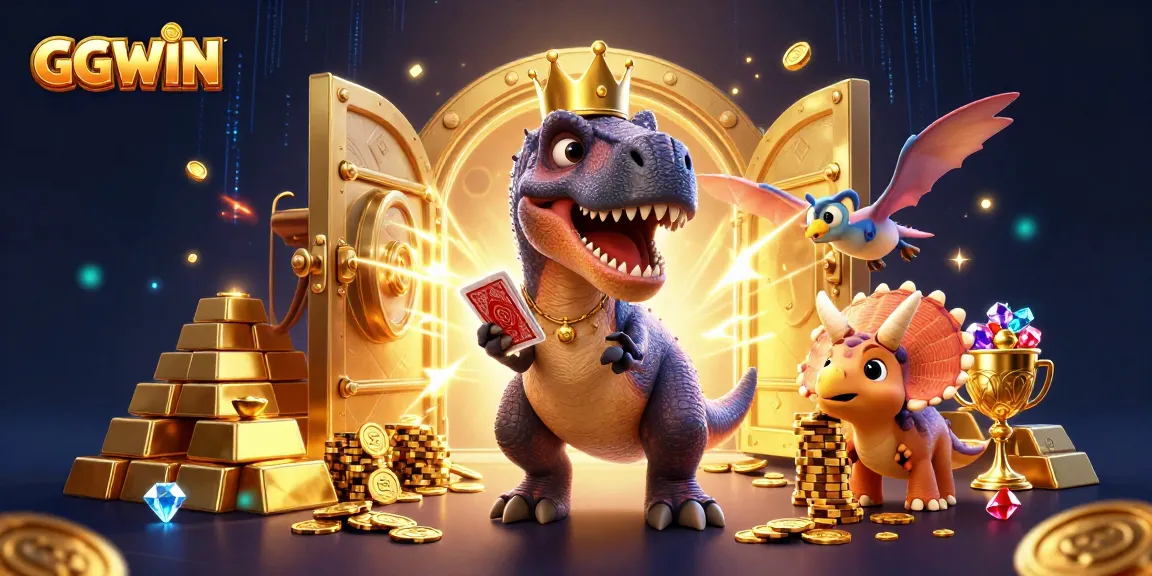 GGWIN thrills players with a vibrant 3D casino scene showcasing a friendly T-Rex and his casino antics.