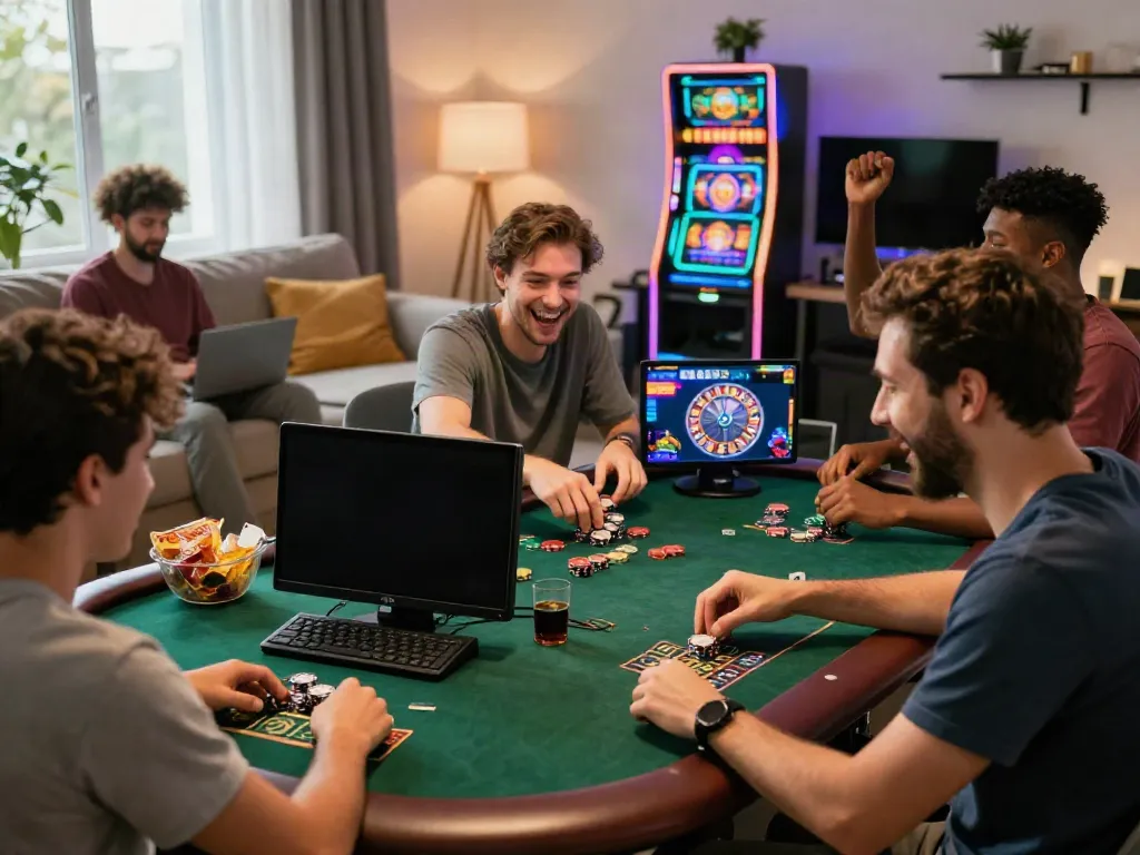 Players celebrating a jackpot win while using https://c168slot2.com/ for online gambling in a lively home setting.