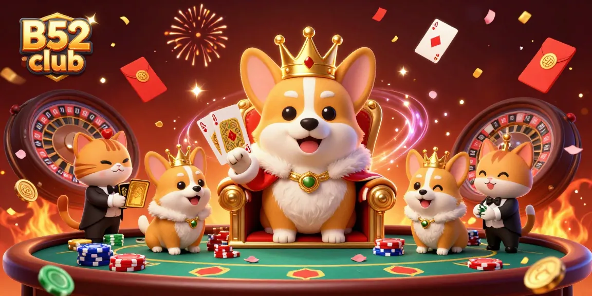 B52 club presents a lively casino scene with a royal corgi, poker elements, and festive decorations.