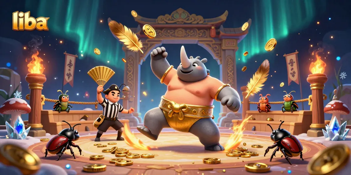 liba showcases a vibrant casino scene with a sumo beetle champion amidst flying coins in an exciting betting arena.