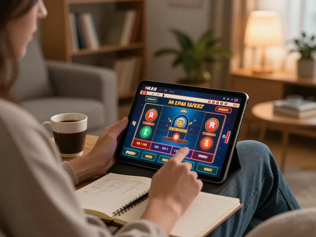 Engage in online gaming at https://gnk88.com/ with a tablet showing casino games, creating an inviting home atmosphere