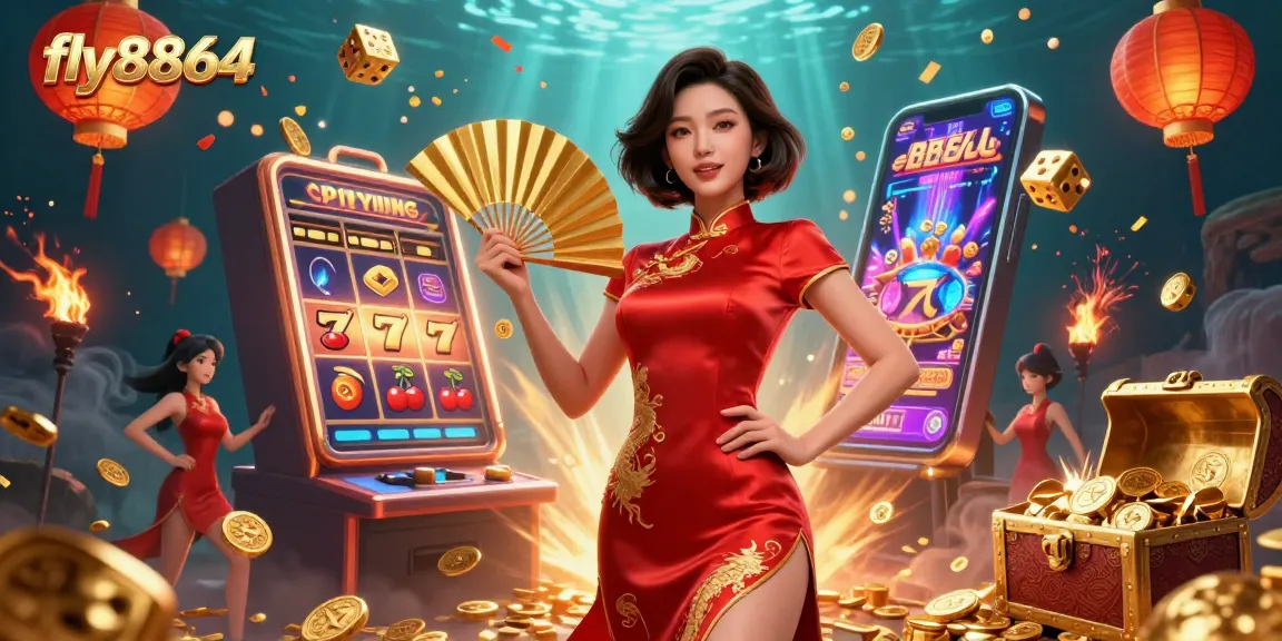 Experience thrilling gameplay at fly8864 with an enchanting scene of vibrant slot machines and dynamic winning elements.