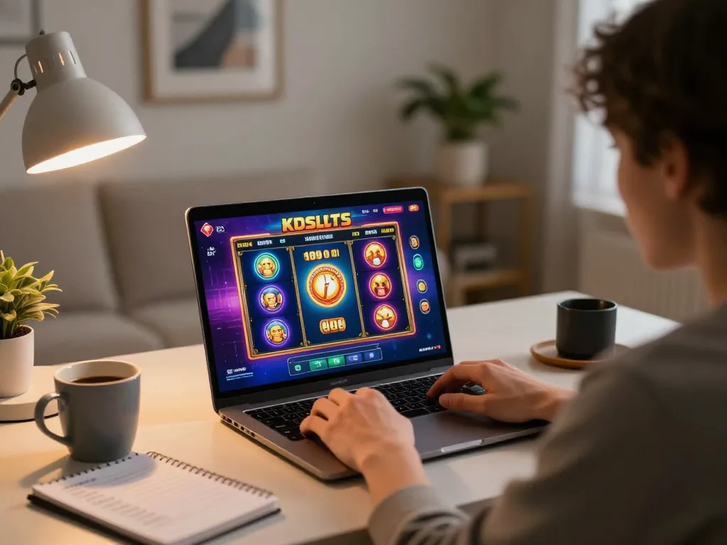 KDSLOTS gaming on a laptop in a cozy home setting with betting strategies and casino elements.
