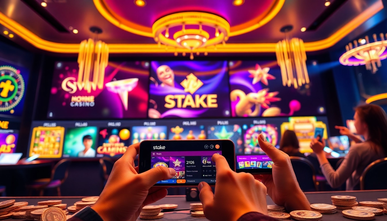 סצנה מרתקת המדגישה את אווירת Stake Casino כשהשחקנים נהנים ממשחקי קריפטו