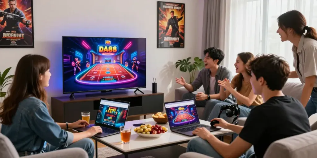 Exciting gaming scene featuring friends enjoying DA88 online casino on large TV.