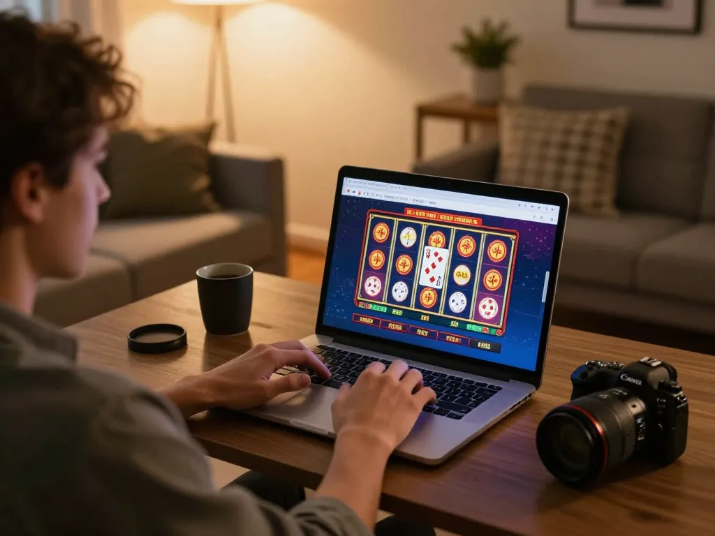 Player engaging with online casino interface while navigating itwshow's gaming features in a cozy home setup