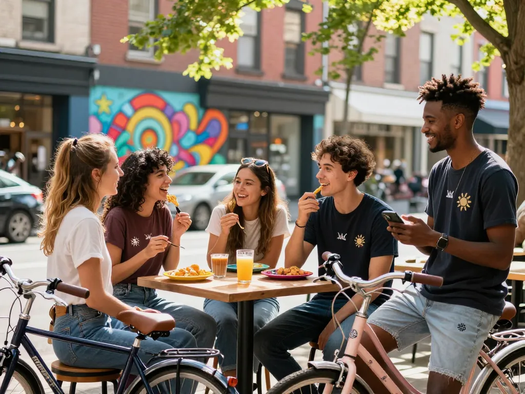 Sunwin-branded apparel worn by friends enjoying vibrant urban lifestyle at a café, capturing a joyful moment.