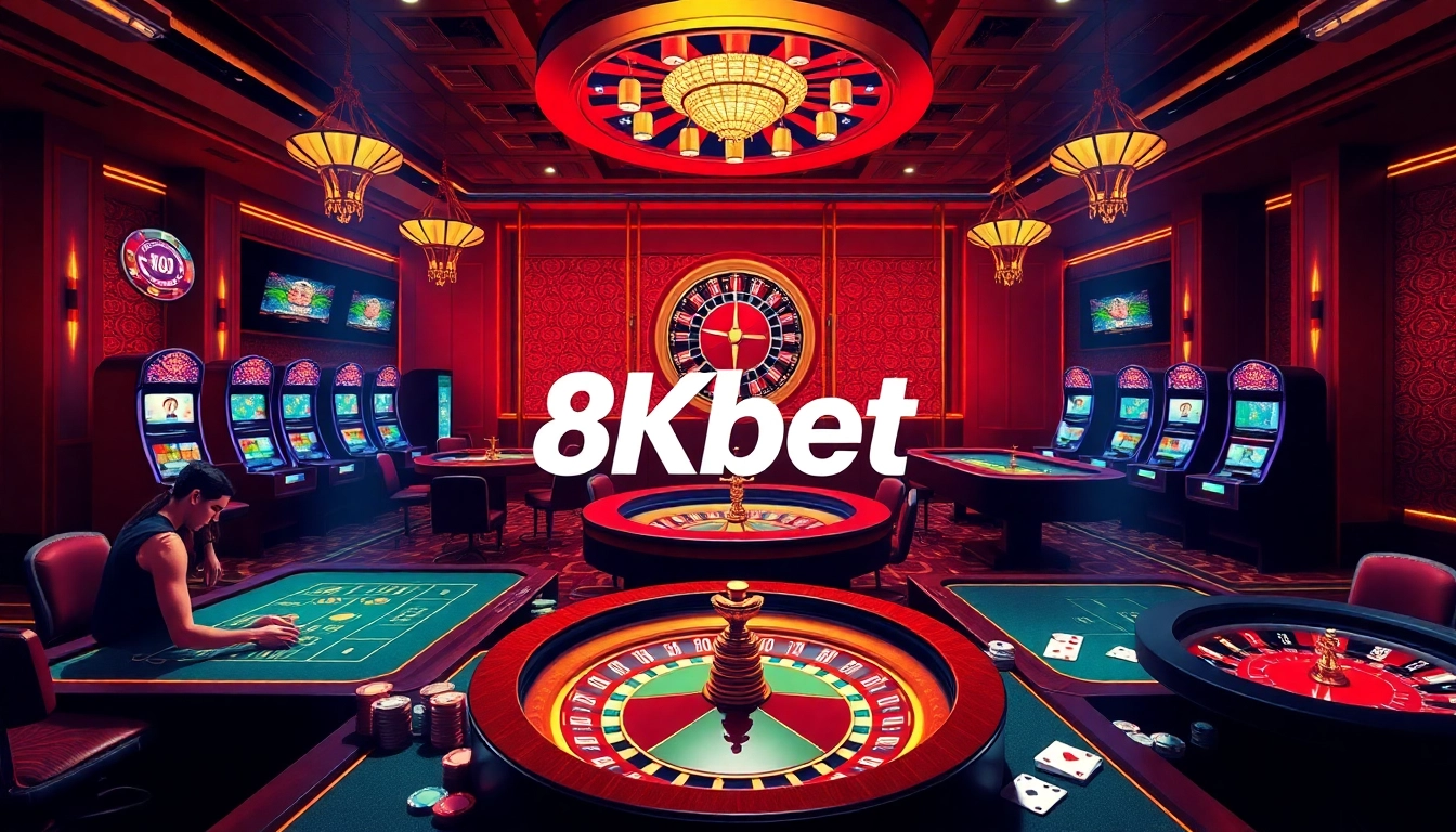 Players enjoying high-stakes games at the luxurious 8kbet online casino, surrounded by vibrant slot machines and roulette wheels.