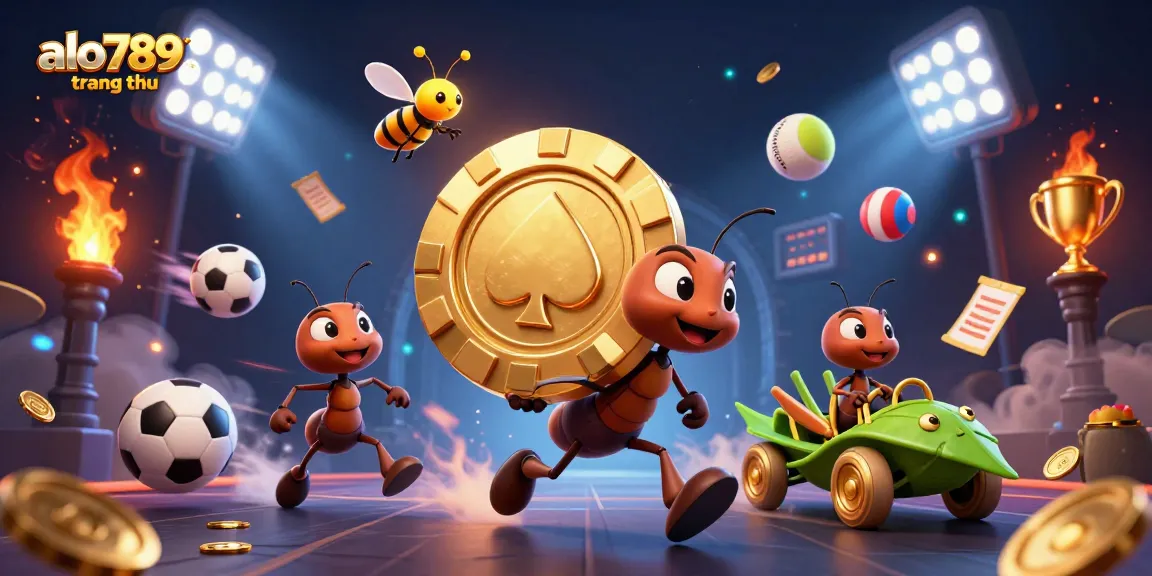 A team of ants in a heist carrying a golden chip on a vibrant alo789 trang chủ theme, showcasing dynamic sports elements.