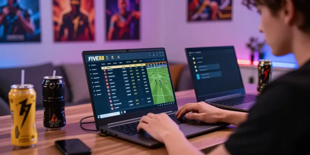 Five88 online betting platform user actively engaging in sports betting on laptop with competitive atmosphere.
