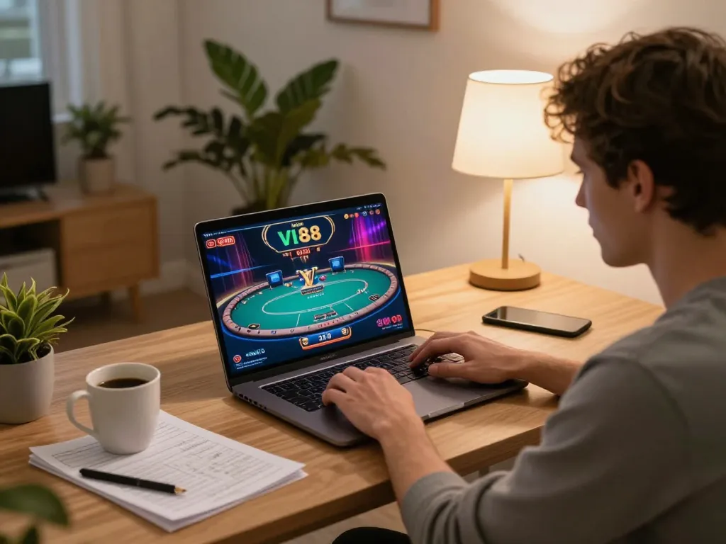 Player engaged with LV88 online poker game on laptop, enjoying a cozy home atmosphere with strategy notes.