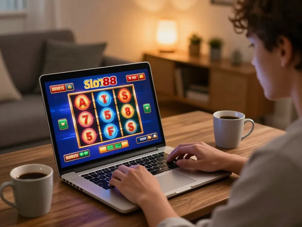Engaging in slot88 online gaming from a cozy home setup, highlighting responsible entertainment.