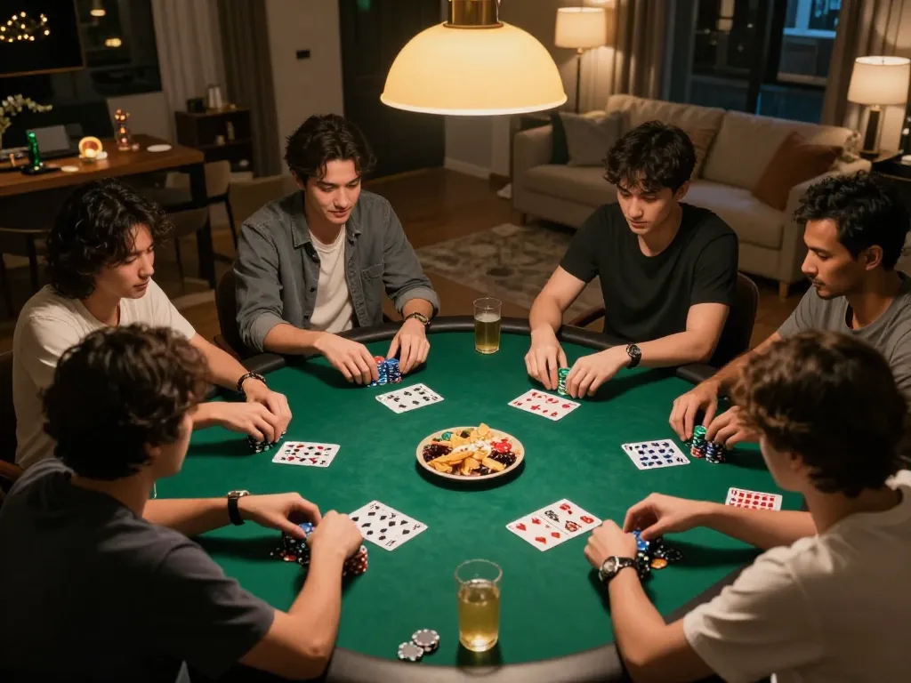 Players strategically engaging in poker at a home game night, showcasing LUCK8 excitement