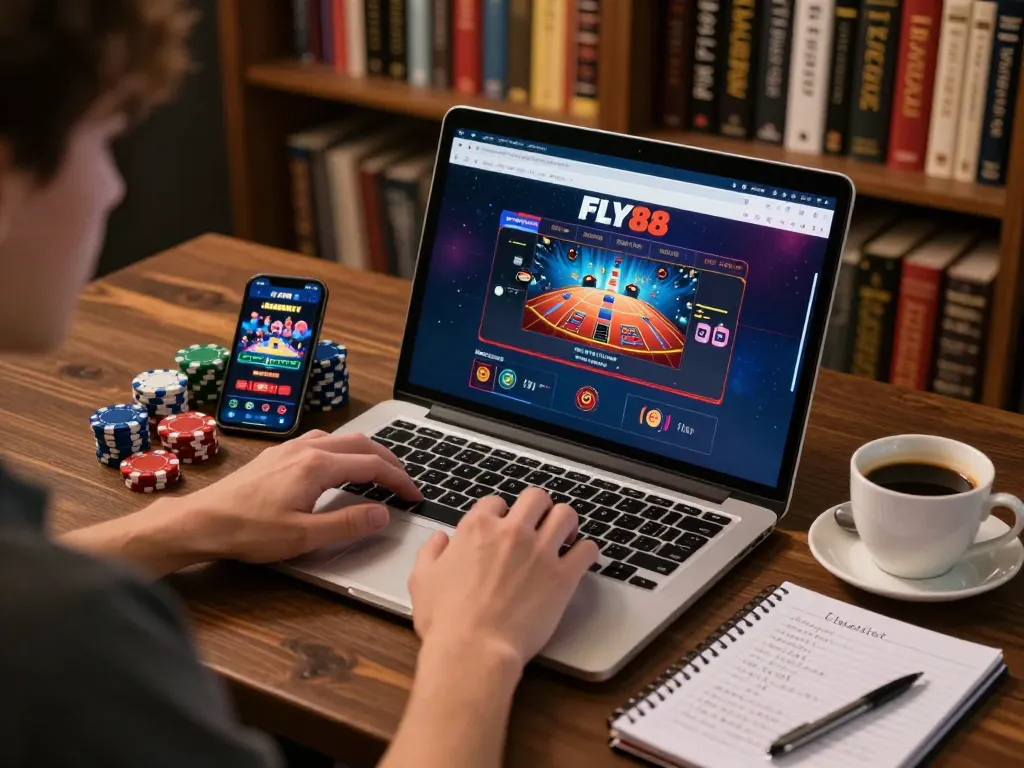 Engaging with FLY88 online casino platform while analyzing betting strategies at home.