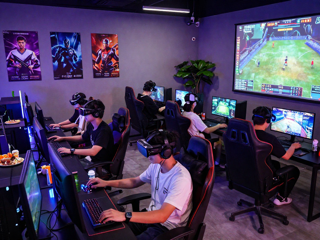 KOMBET168 gaming lounge with young adults enjoying competitive gaming