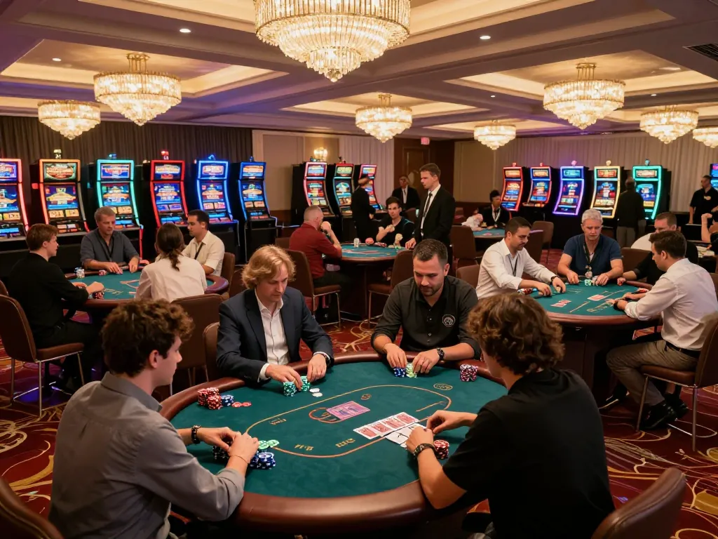 DABET gaming experience showcasing engaged players at poker tables in a luxurious casino environment.
