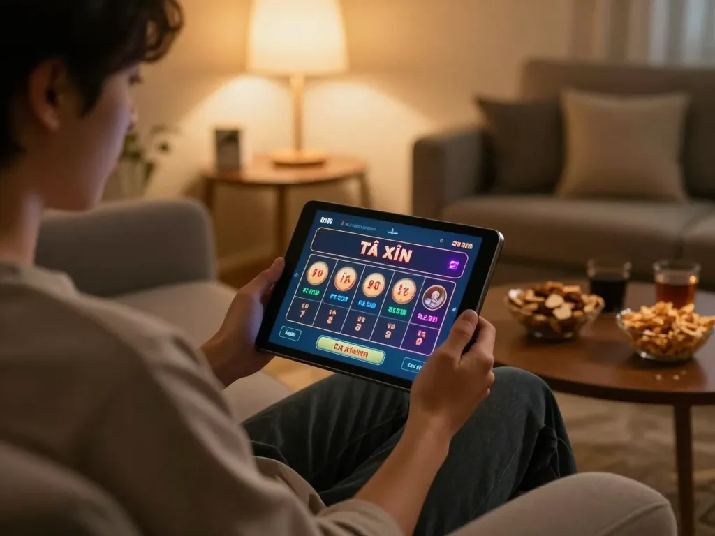 Playing tài xỉu online on a tablet in a cozy home setting, showcasing relaxation and entertainment