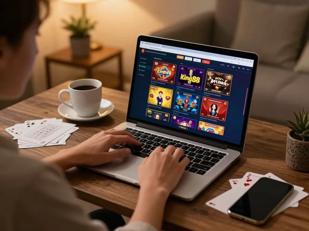 Player engaging in king88 online gaming, surrounded by strategic notes and a cozy home setup.