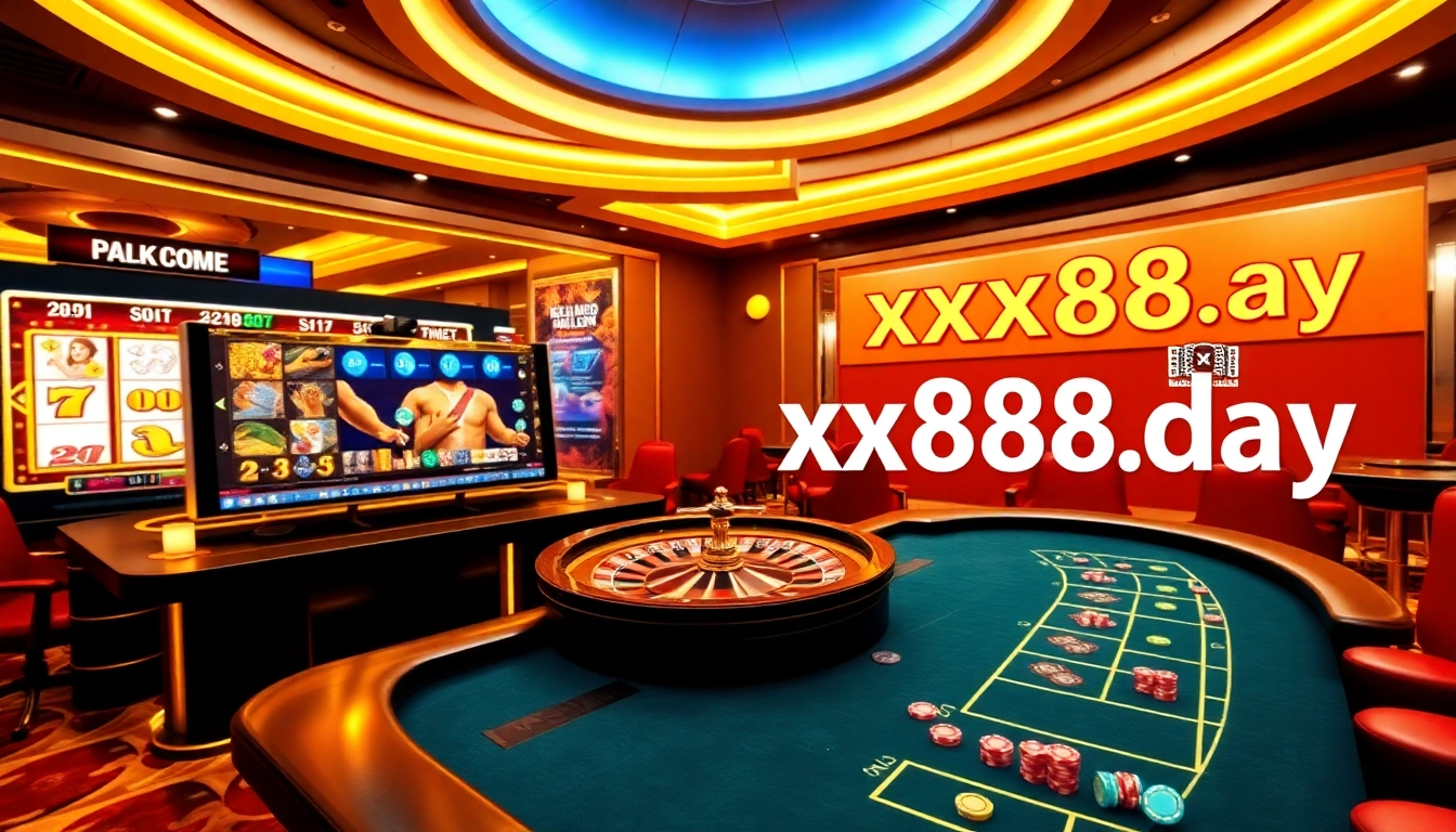 An exciting online gambling experience at https://xx88.day/ featuring casino tables with vibrant chips and a roulette wheel.
