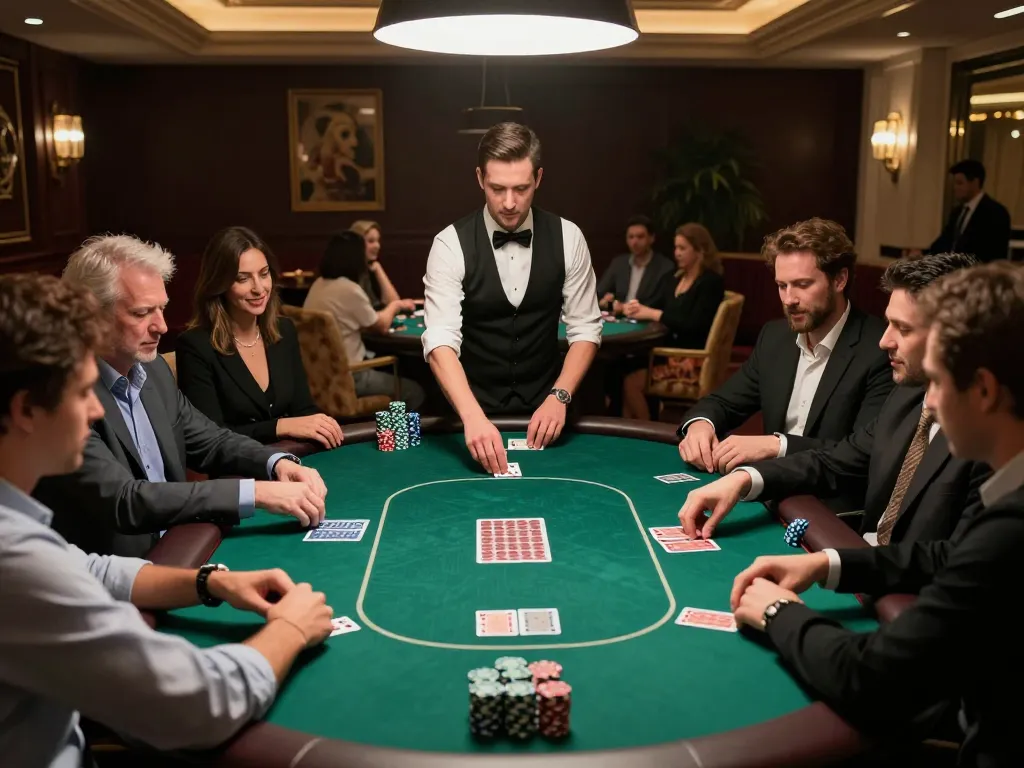 Players immerse in strategic gameplay at SV368 poker table under the warm casino lights