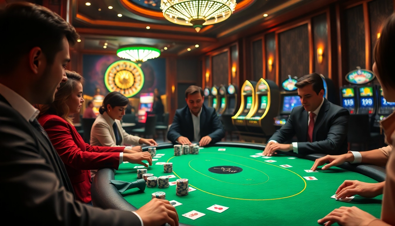 SODO66 players enjoying a thrilling game at a luxurious poker table in a vibrant casino setting.