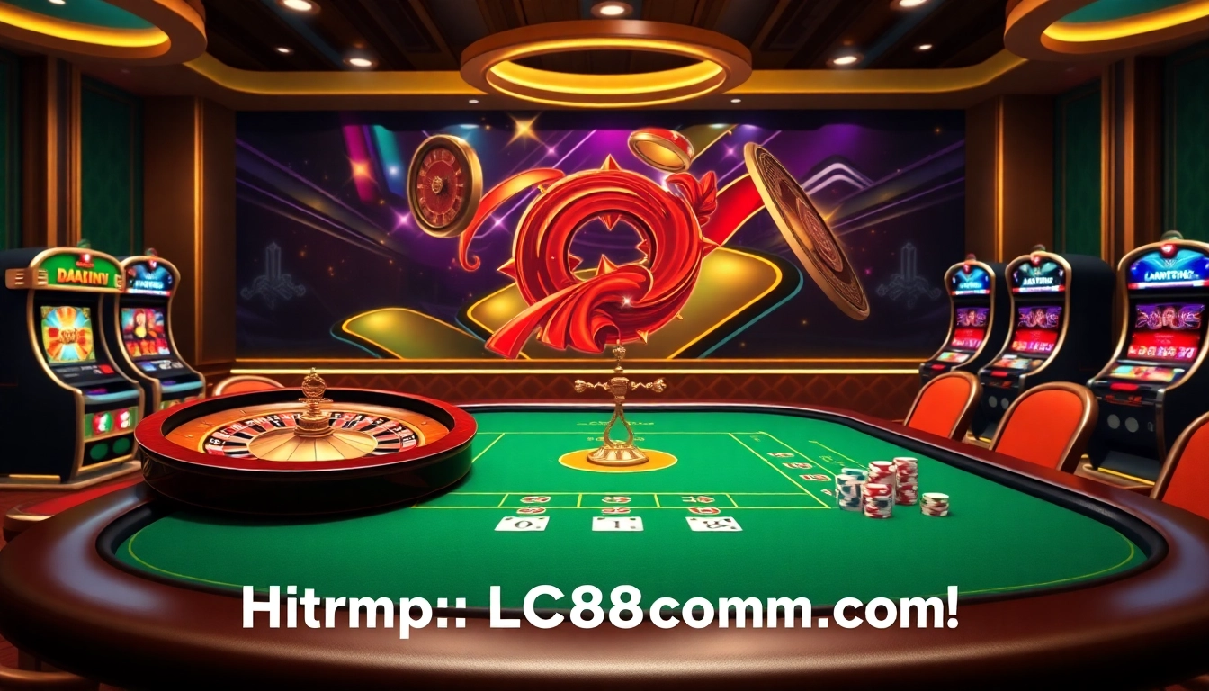Experience vibrant online gambling action at https://lc88comm.com/ with a luxurious casino scene featuring roulette and slots.