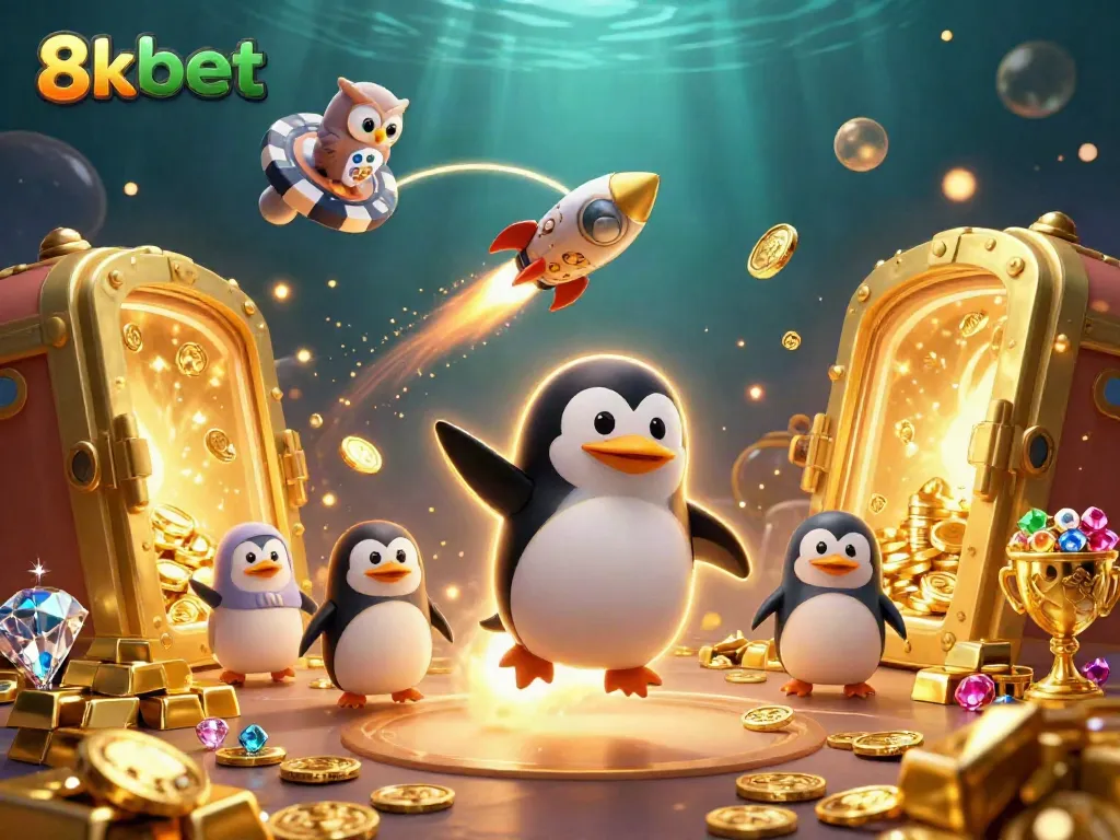 Experience the thrill of 8kbet with a dynamic scene of a rocket-powered penguin and casino treasures.
