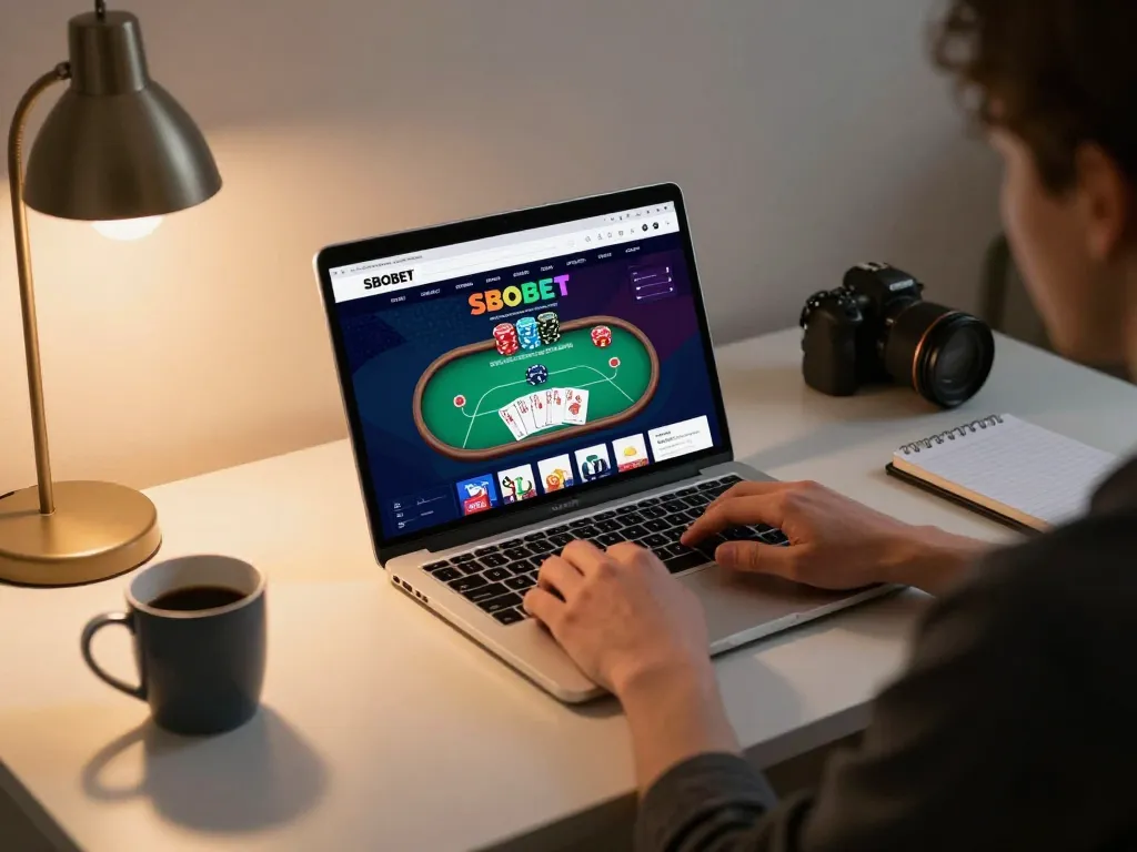 SBOBET user engaged with online poker game, cozy home desk atmosphere, vibrant gaming interface visible