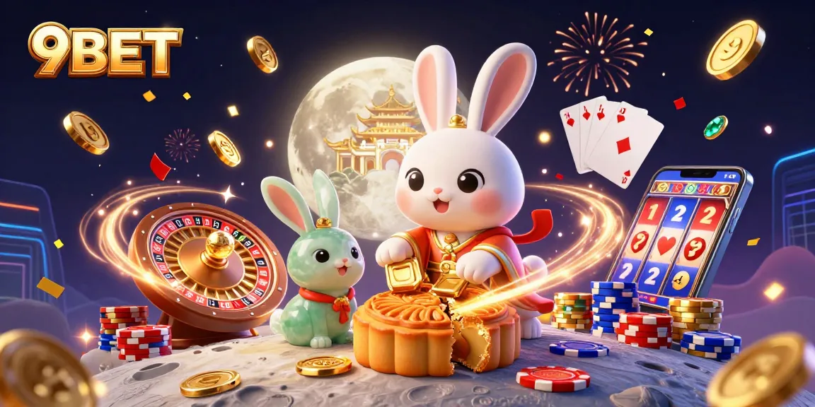 Experience thrilling gaming action at 9BET with a vibrant, dynamic casino illustration featuring moon rabbits and rich casino elements.