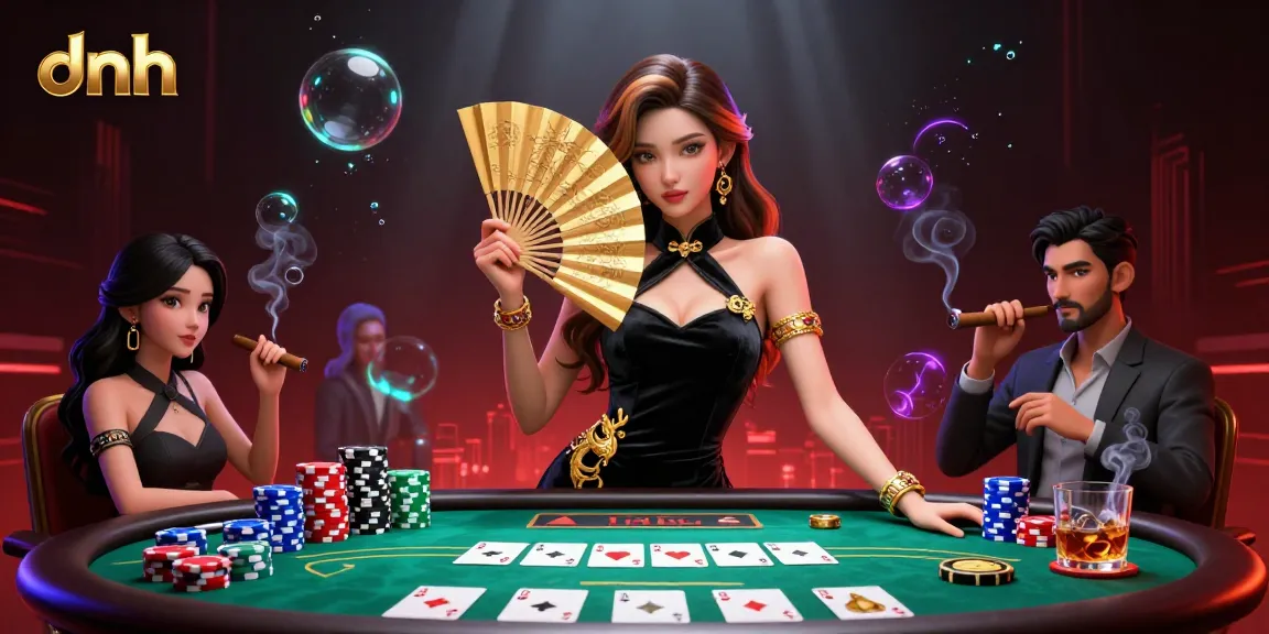 Experience thrilling poker action with dnh as a stunning Asian woman enhances the casino scene with chips and cards.
