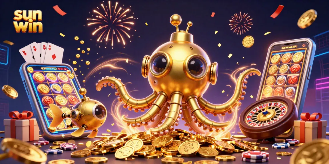 Win big with sun win in this vibrant, dynamic casino scene featuring gold coins and slot games.