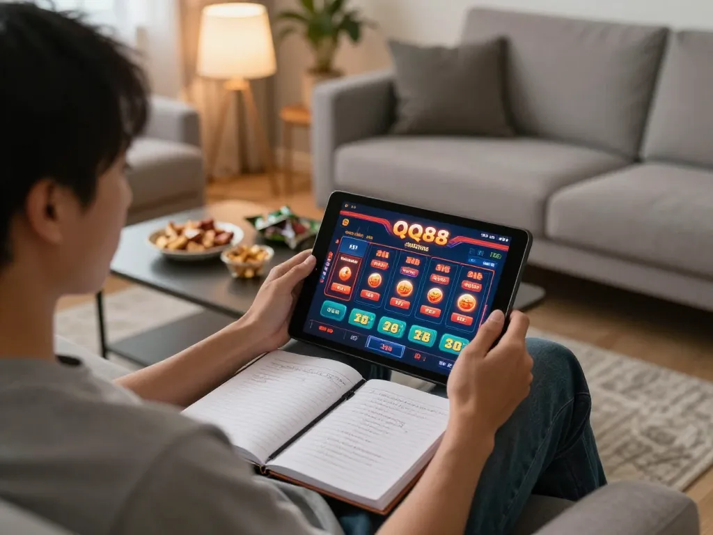 Engaged player using qq88 app on a tablet in a cozy home setting, enjoying online gambling.