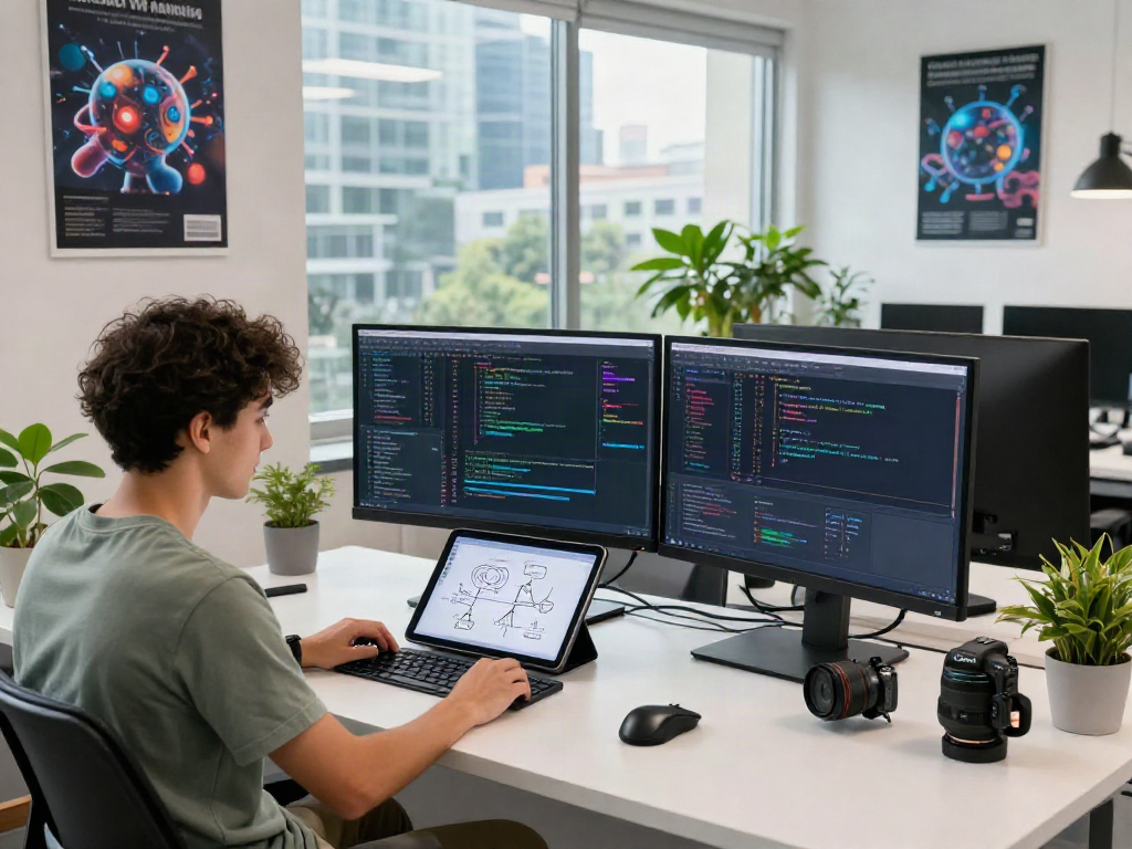 AI workspace with programmer coding on multiple monitors showcasing data visualizations and algorithms for ia +18 projects.