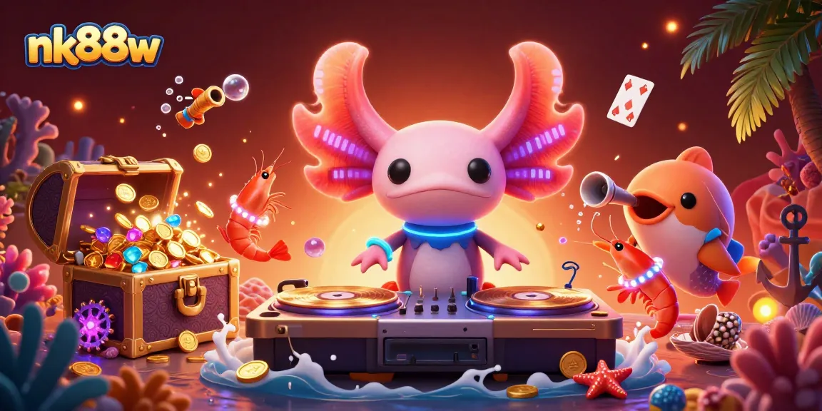 Join the fun with nk88w as a neon axolotl DJ spins records in an aquatic casino scene!