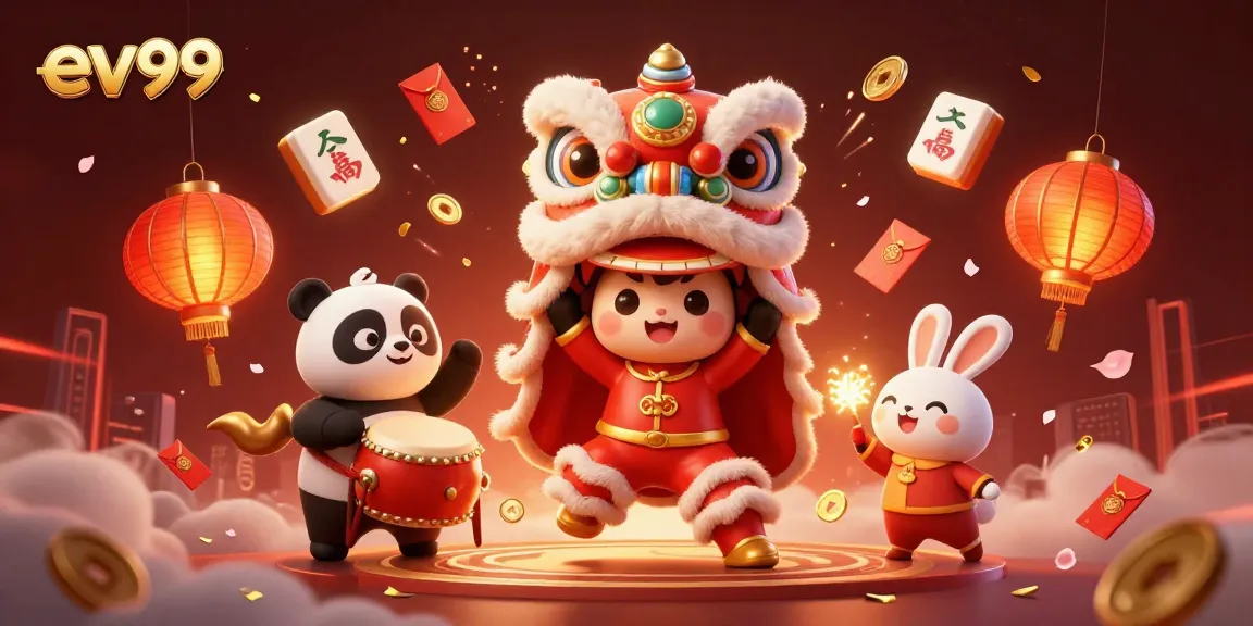 Engage with ev99's exciting casino promotions featuring vibrant lion dance and festive decorations.
