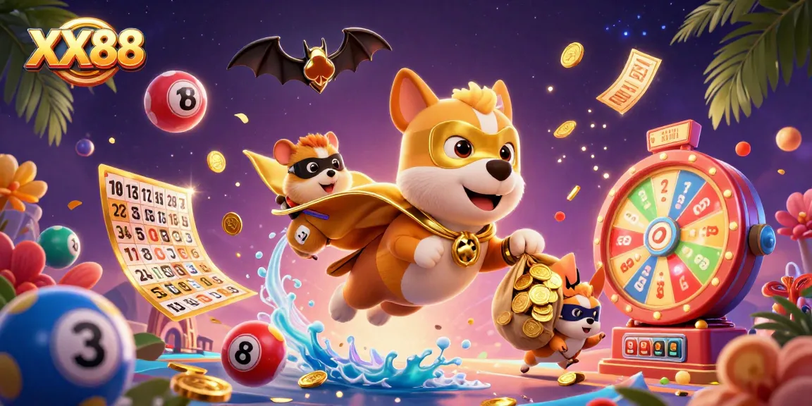 XX88 brings excitement with a superhero dog and hamster in vibrant casino-themed illustration.