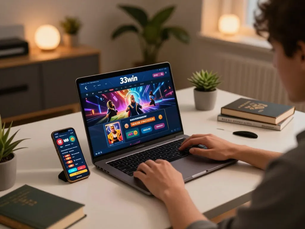 Engaged player using 33win casino app on laptop at home, highlighting online gaming experience