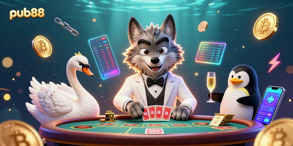 Experience thrilling baccarat at pub88 with animated wolf, swan, and penguin amid sparkling crypto elements.