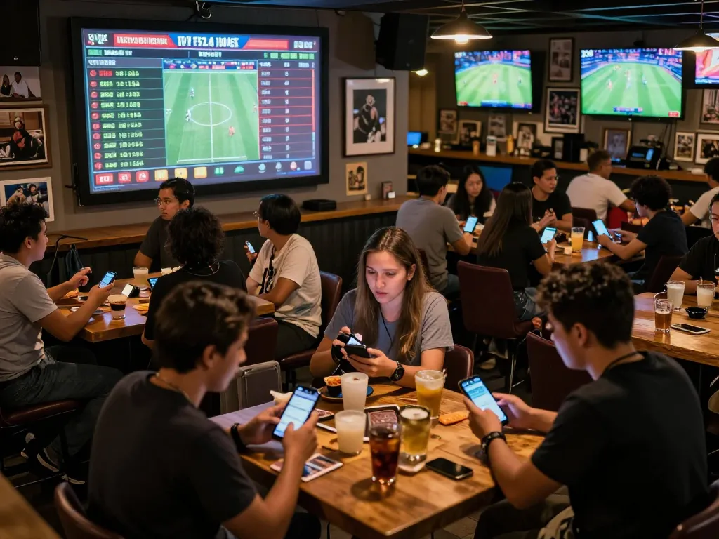 KÈO TRỰC TUYẾN event showing engaged bettors analyzing live match stats in a lively sports bar atmosphere