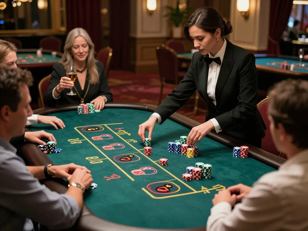 Players enjoying a thrilling Baccarat game at QH88go's upscale casino tables, capturing luxury and excitement