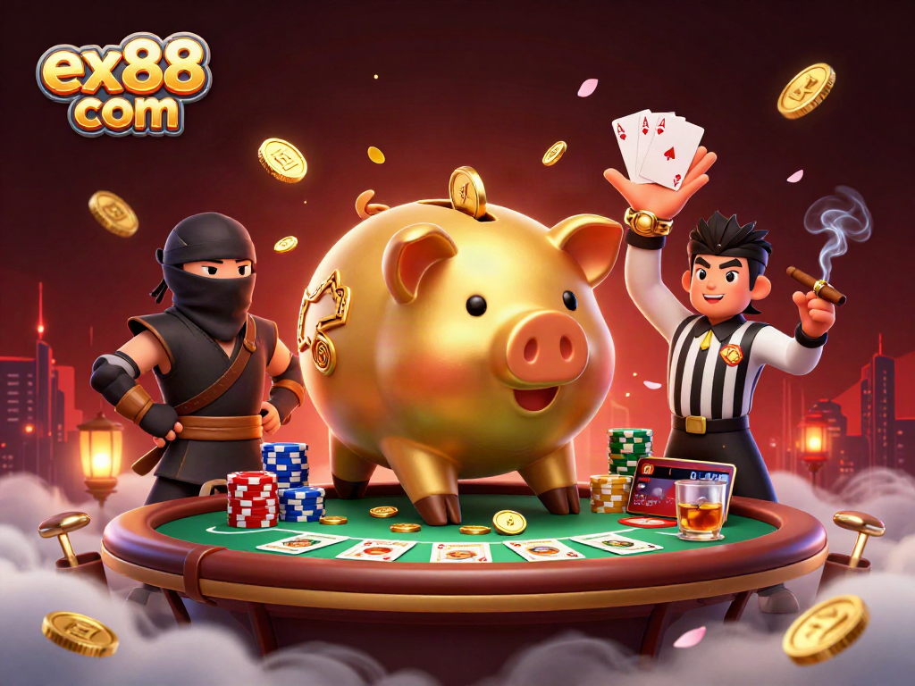 Engage with ex88 com's thrilling gaming experience featuring a dynamic piggy bank sumo wrestler.