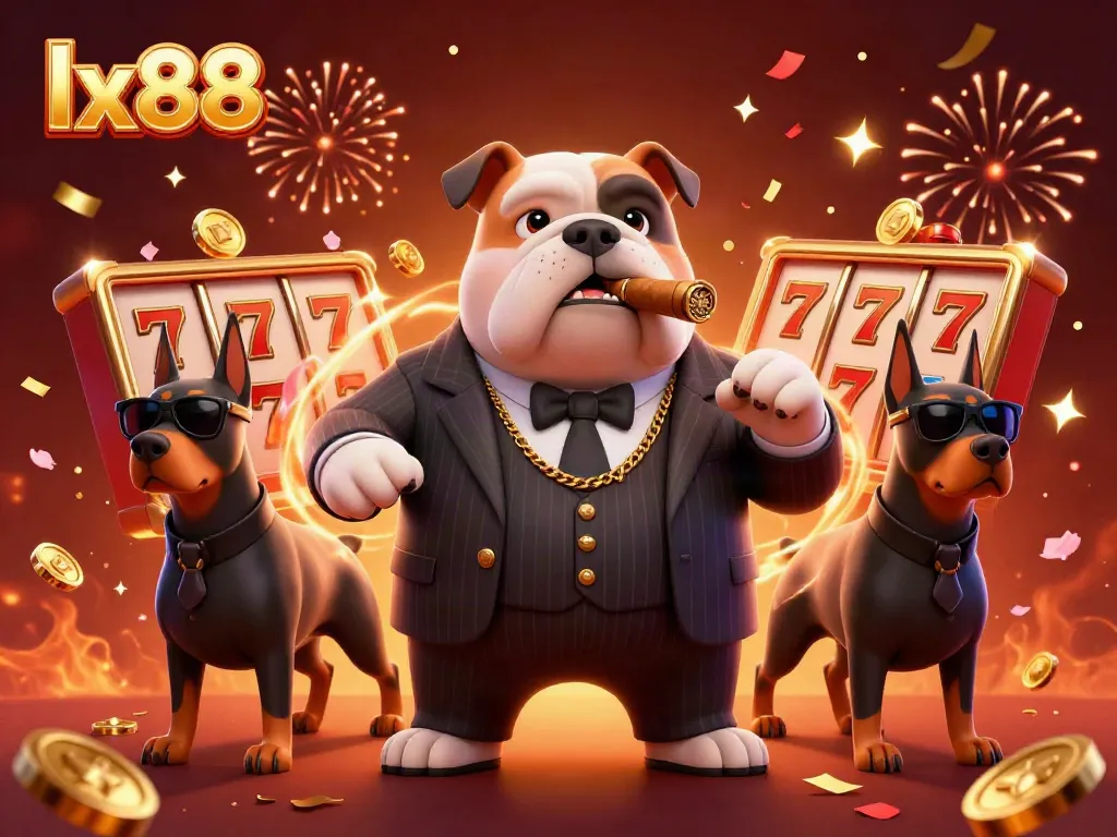 Experience exhilarating gaming moments with lx88, featuring a mafia bulldog and dynamic casino elements.